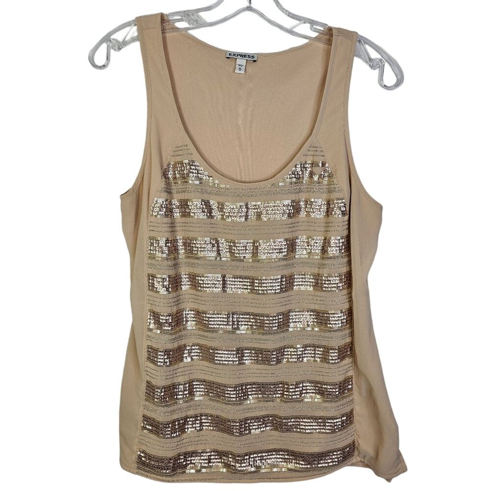 Express Women Medium Beige Sequin Tank Top Sleeveless Blouse Shirt Scoop Neck